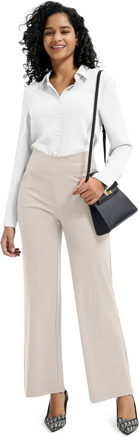 Maxbee Wide Leg Pants for Women Casual Work Pants Crossover High Waisted Yoga Pants with Pockets