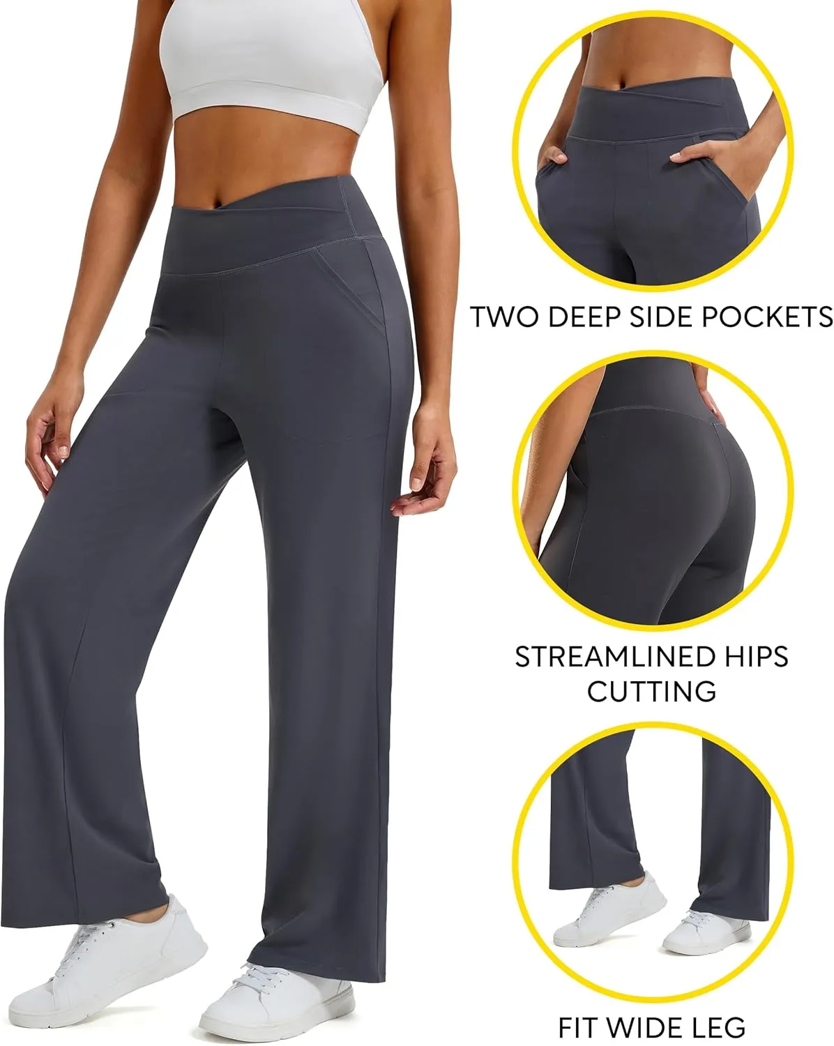 Maxbee Wide Leg Pants for Women Casual Work Pants Crossover High Waisted Yoga Pants with Pockets