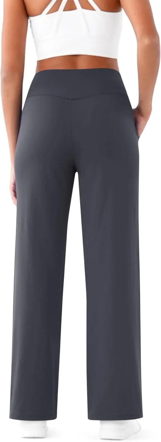 Maxbee Wide Leg Pants for Women Casual Work Pants Crossover High Waisted Yoga Pants with Pockets