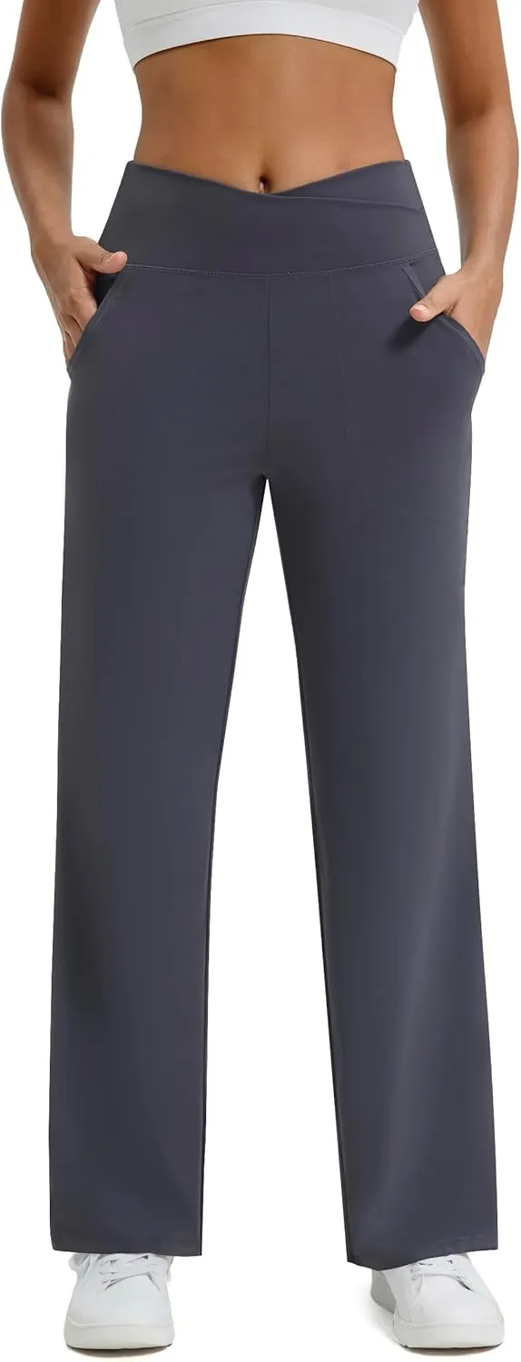 Maxbee Wide Leg Pants for Women Casual Work Pants Crossover High Waisted Yoga Pants with Pockets