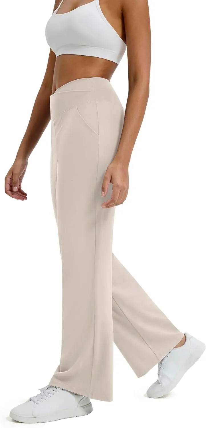 Maxbee Wide Leg Pants for Women Casual Work Pants Crossover High Waisted Yoga Pants with Pockets
