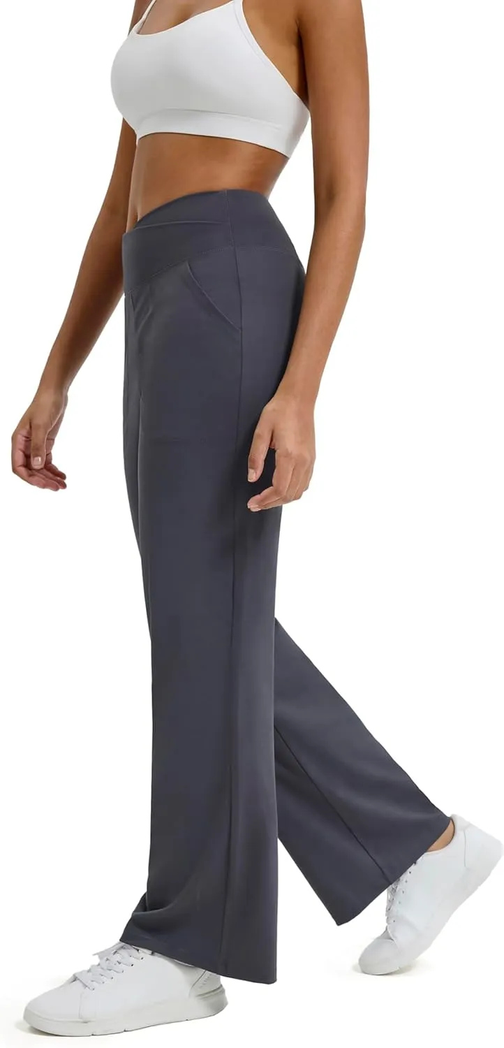 Maxbee Wide Leg Pants for Women Casual Work Pants Crossover High Waisted Yoga Pants with Pockets
