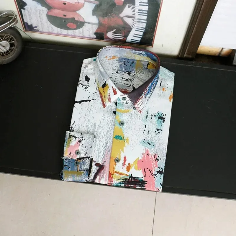 Men's Luxury Silk Shirt: Fashion Graffiti Print, Long Sleeve, Slim Fit, Non-Iron, Casual Streetwear, Nightclub Stage Shirt