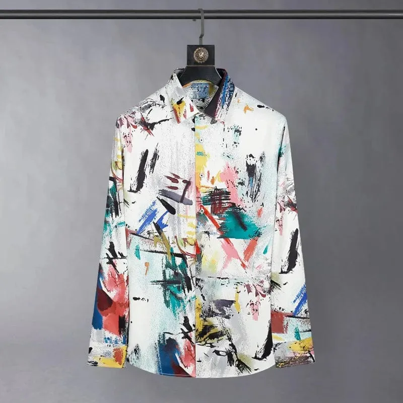 Men's Luxury Silk Shirt: Fashion Graffiti Print, Long Sleeve, Slim Fit, Non-Iron, Casual Streetwear, Nightclub Stage Shirt