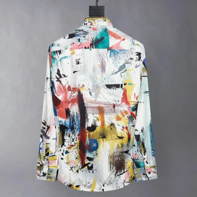 Men's Luxury Silk Shirt: Fashion Graffiti Print, Long Sleeve, Slim Fit, Non-Iron, Casual Streetwear, Nightclub Stage Shirt
