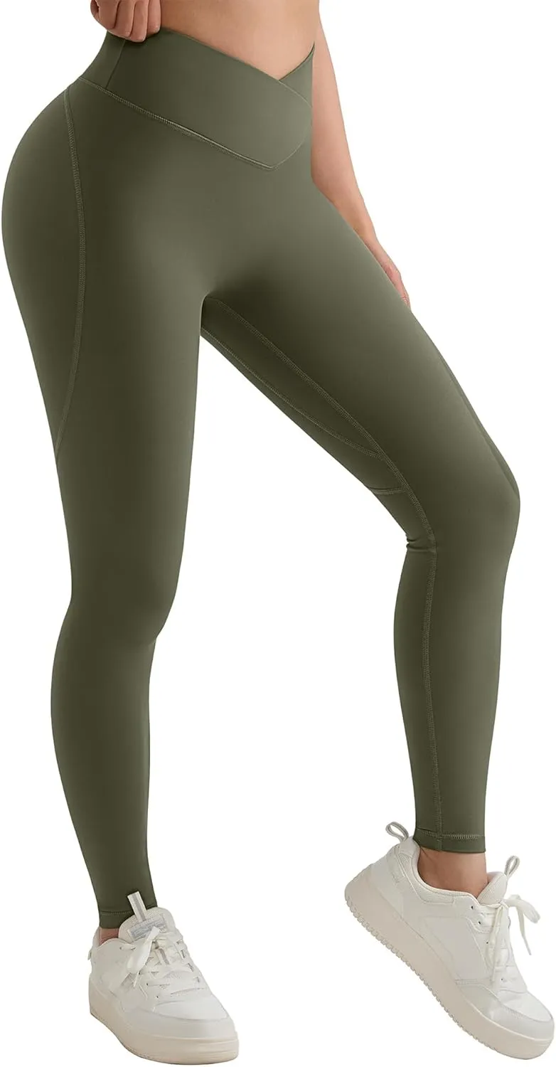 MOOSLOVER Women V Cross Waist Butt Lifting Leggings with Pockets High Waisted Yoga Pants
