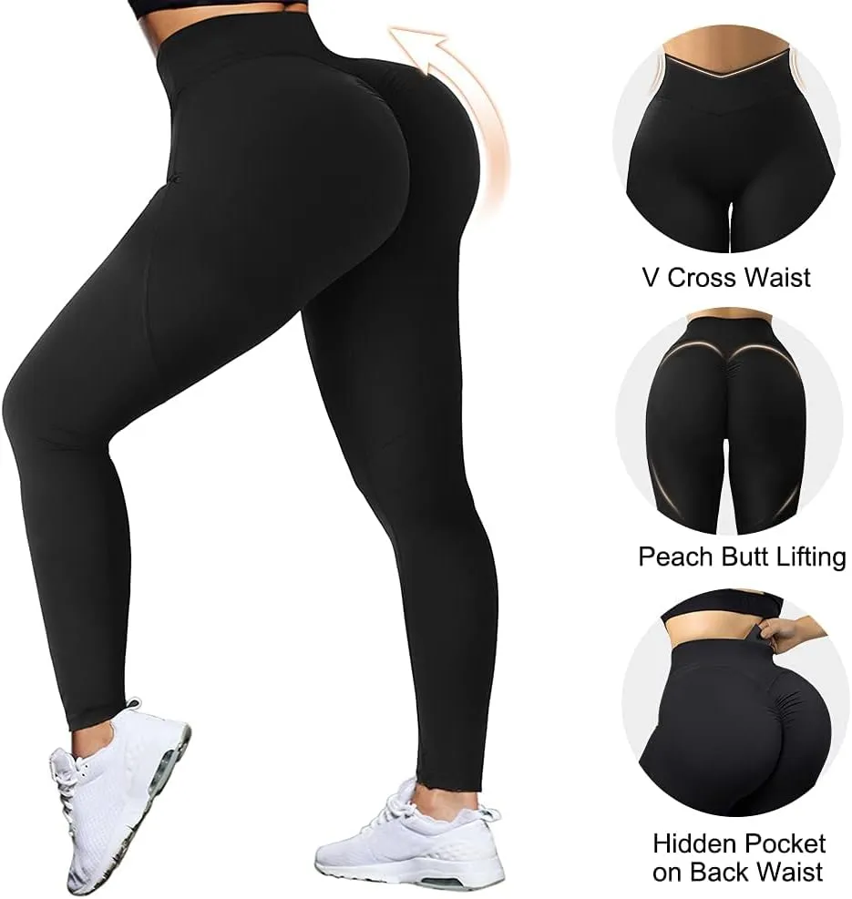 MOOSLOVER Women V Cross Waist Butt Lifting Leggings with Pockets High Waisted Yoga Pants
