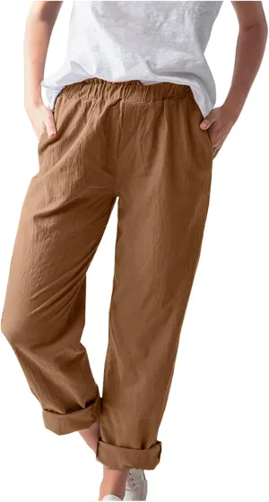 niuwa Cotton Linen Trousers for Women Elastic Waist Solid Color Casual Pants with Pockets Summer Boho Pants (Orange, S)