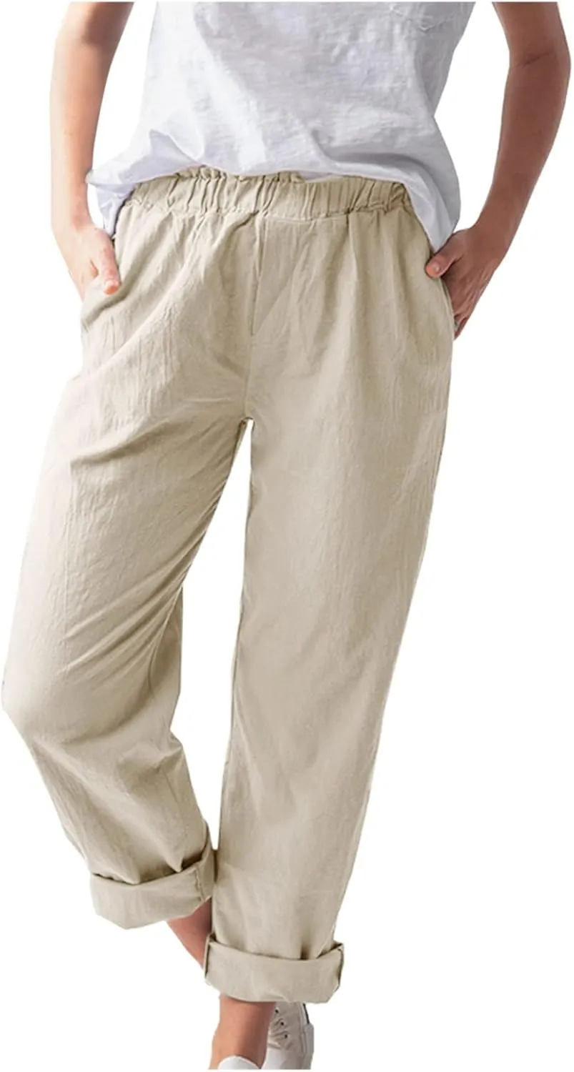 niuwa Cotton Linen Trousers for Women Solid Color Elastic Waist Casual Pants with Pockets Summer Casual Pants (Khaki, 2XL)