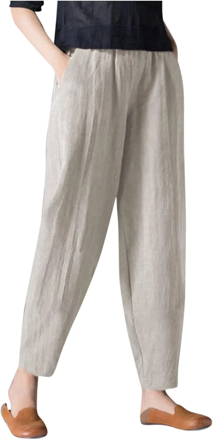 niuwa Lady Womens Cotton and Linen Harem Pants Casual Loose Trousers with Pockets Summer Elastic Waist Boho Pants Beige