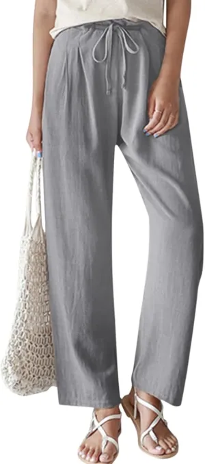 niuwa Women Solid Color Cotton Linen Pants Drawstring Waist Straight Pants Loose Casual Summer Beach Trousers (Gray, L)