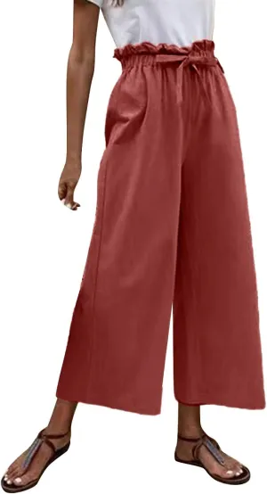niuwa Womens Summer Cotton Linen Casual Long Pant High Waist Loose Fit Casual Trousers Comfy Pants (Wine, XXL)
