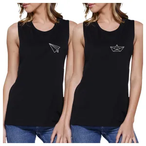 Origami Plane And Boat BFF Matching Black Muscle Tops