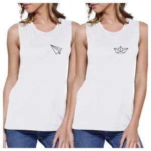 Origami Plane And Boat BFF Matching White Muscle Tops