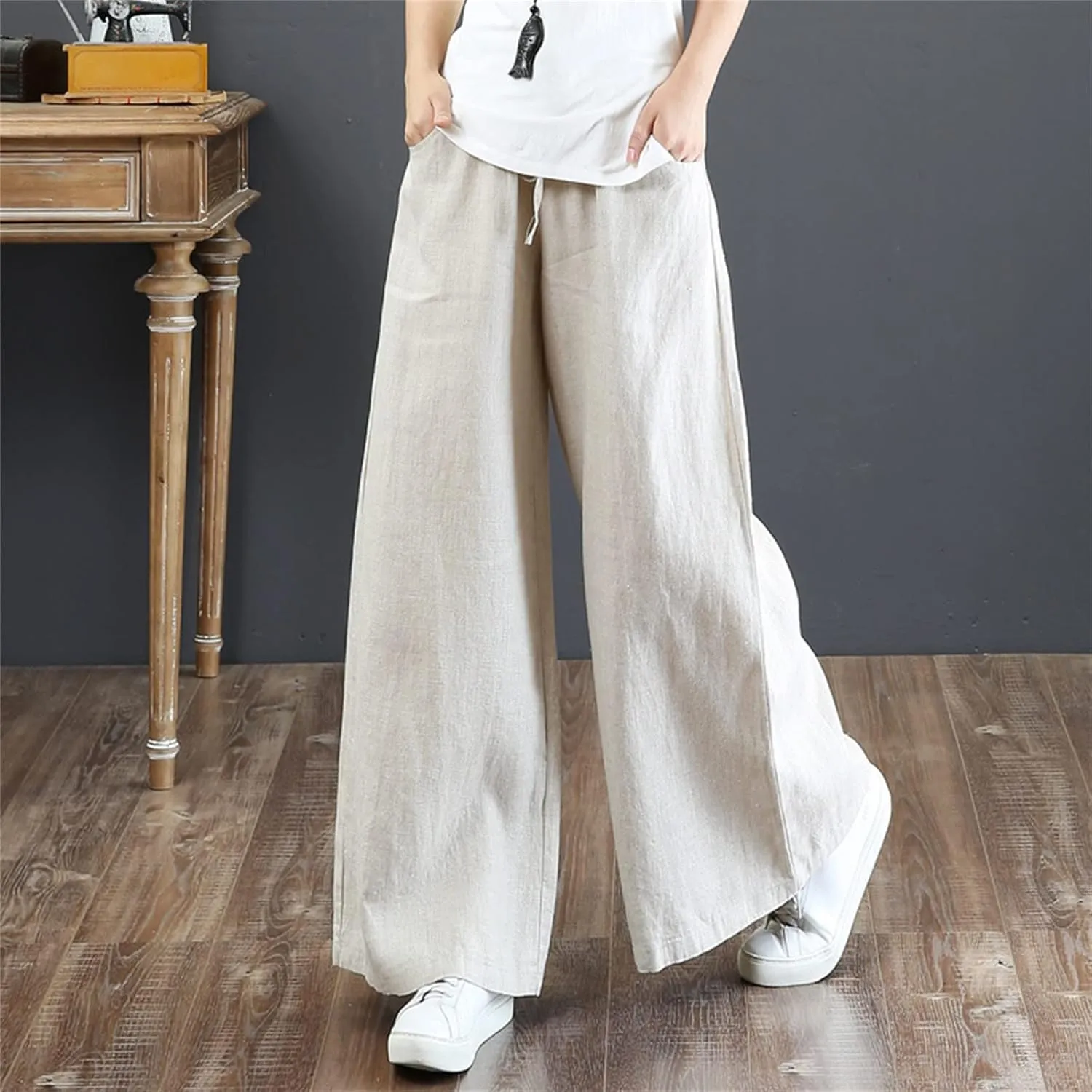 Palazzo Pants for Women Casual Plus Size Linen Pants Summer Comfy Wide Leg Drawstring Elastic Waist Lounge Pants