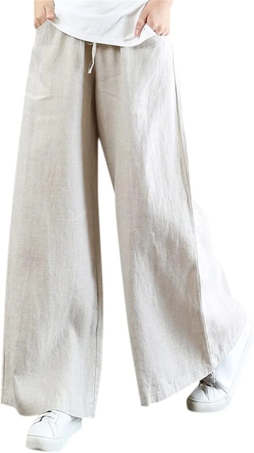 Palazzo Pants for Women Casual Plus Size Linen Pants Summer Comfy Wide Leg Drawstring Elastic Waist Lounge Pants
