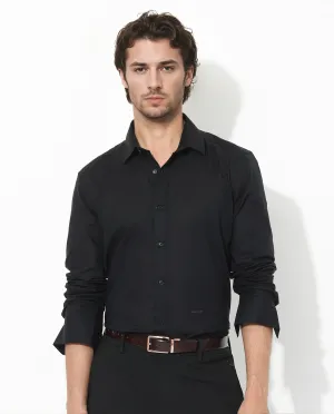Rare Rabbit Men's Fullsleen Black Cotton Fabric Full Sleeves Collared Neck Regular Fit Solid Shirt