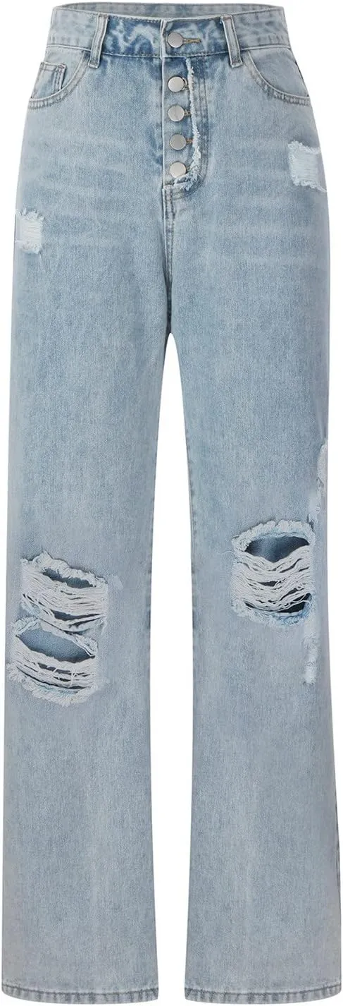 Ripped Boyfriend Jeans for Women Stretchy High Waisted Straight Leg Distressed Destroyed Denim Pants Baggy Trousers