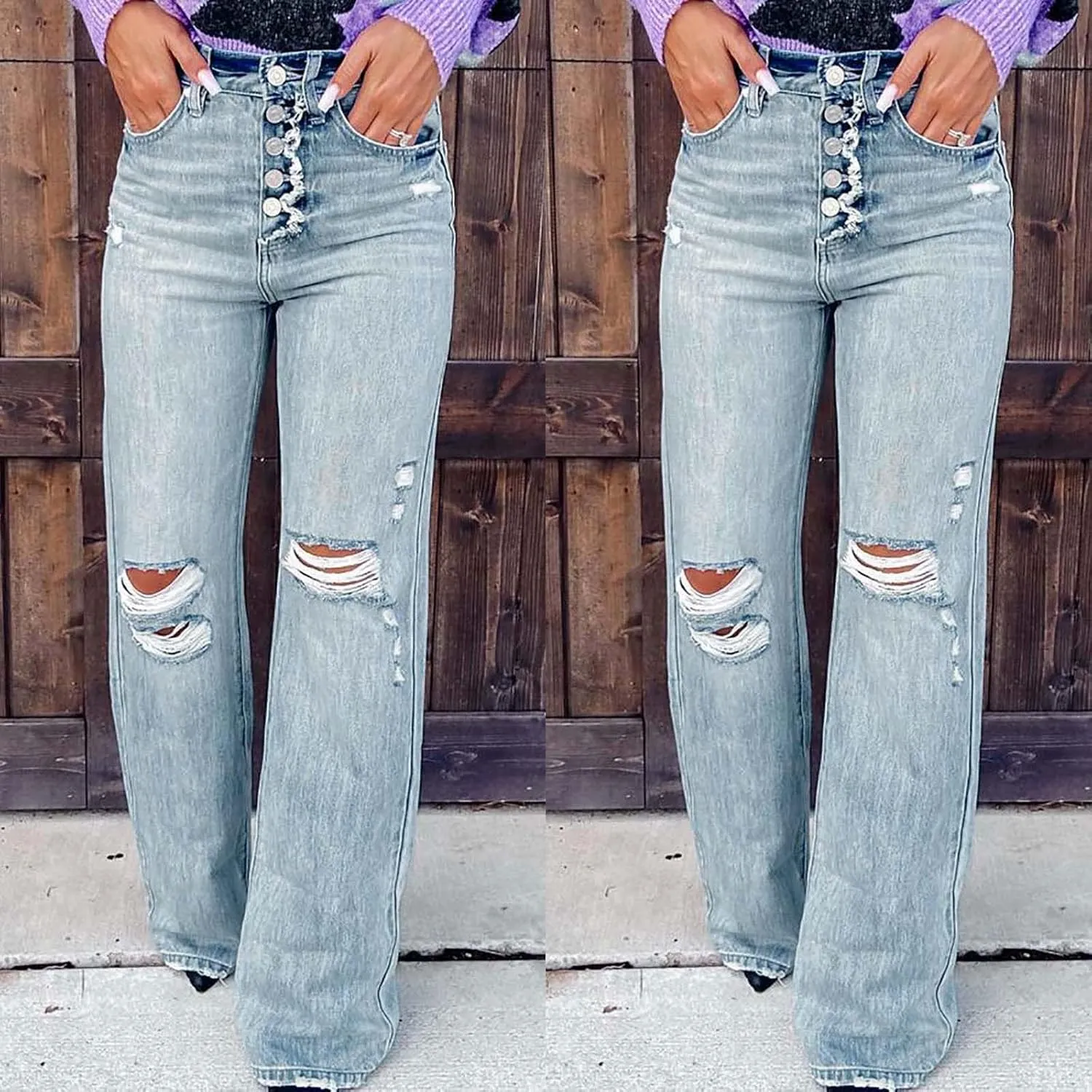 Ripped Boyfriend Jeans for Women Stretchy High Waisted Straight Leg Distressed Destroyed Denim Pants Baggy Trousers