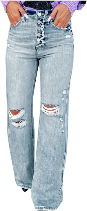 Ripped Boyfriend Jeans for Women Stretchy High Waisted Straight Leg Distressed Destroyed Denim Pants Baggy Trousers
