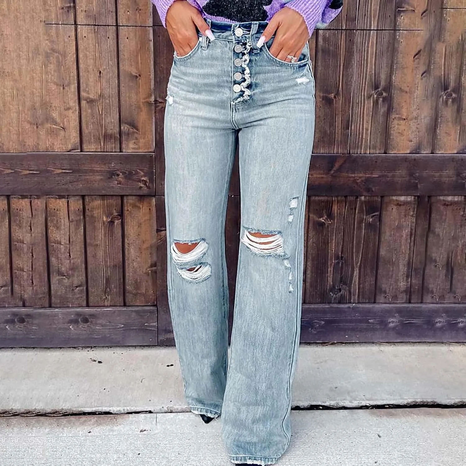 Ripped Boyfriend Jeans for Women Stretchy High Waisted Straight Leg Distressed Destroyed Denim Pants Baggy Trousers