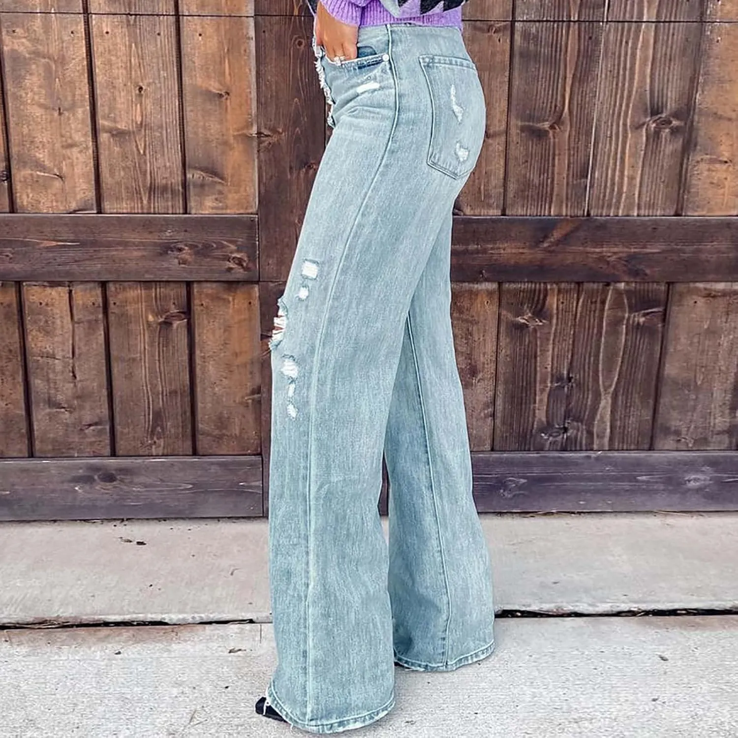 Ripped Boyfriend Jeans for Women Stretchy High Waisted Straight Leg Distressed Destroyed Denim Pants Baggy Trousers