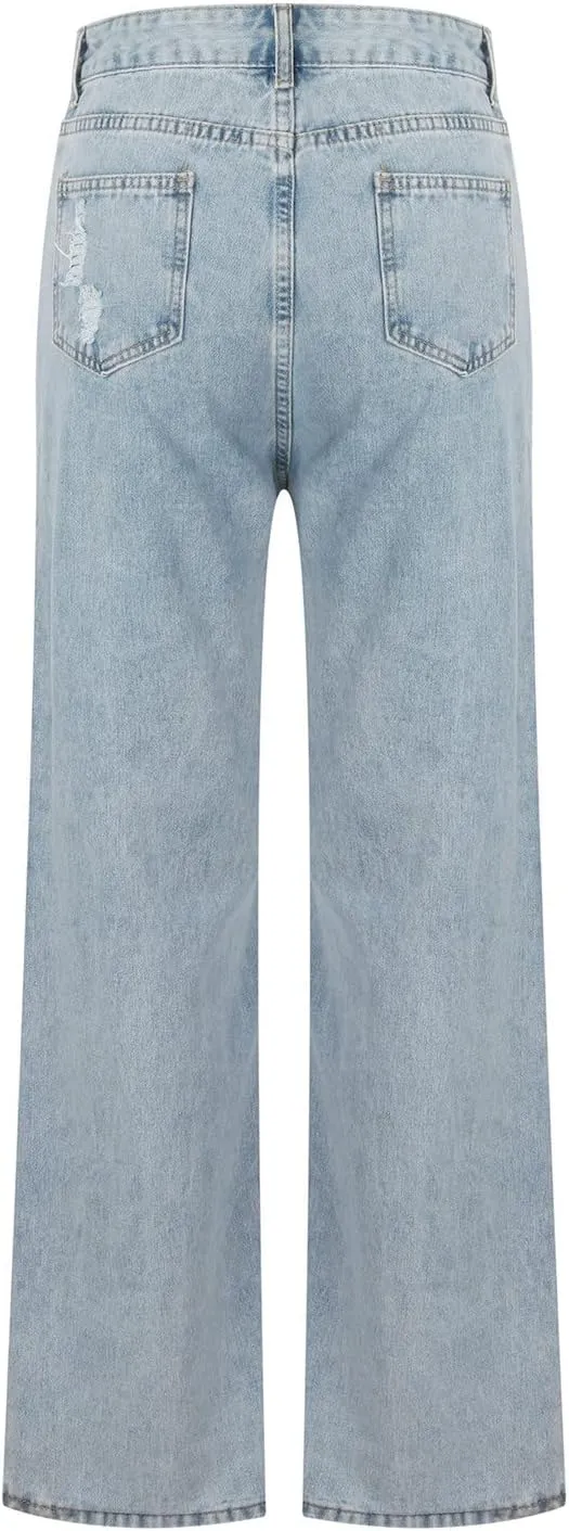 Ripped Boyfriend Jeans for Women Stretchy High Waisted Straight Leg Distressed Destroyed Denim Pants Baggy Trousers