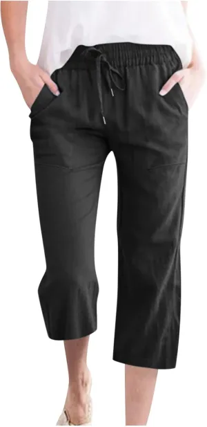 Ruziyoog Capris Pants for Women Cotton Linen Casual High Waist Drawstring Cropped Trouser Summer Loose Straight Wide Leg Pant