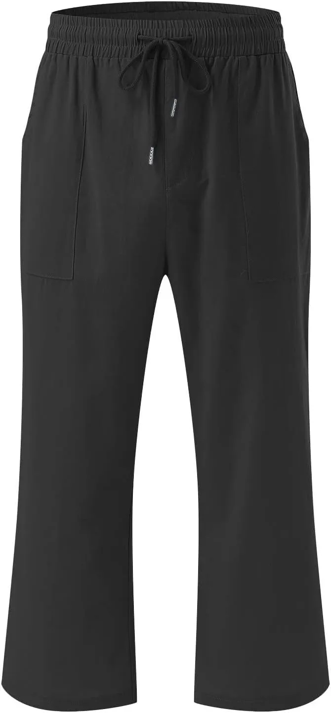 Ruziyoog Capris Pants for Women Cotton Linen Casual High Waist Drawstring Cropped Trouser Summer Loose Straight Wide Leg Pant