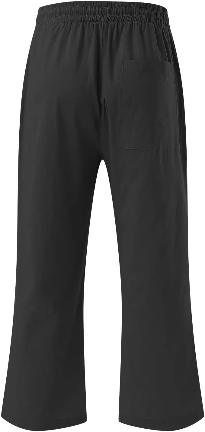 Ruziyoog Capris Pants for Women Cotton Linen Casual High Waist Drawstring Cropped Trouser Summer Loose Straight Wide Leg Pant