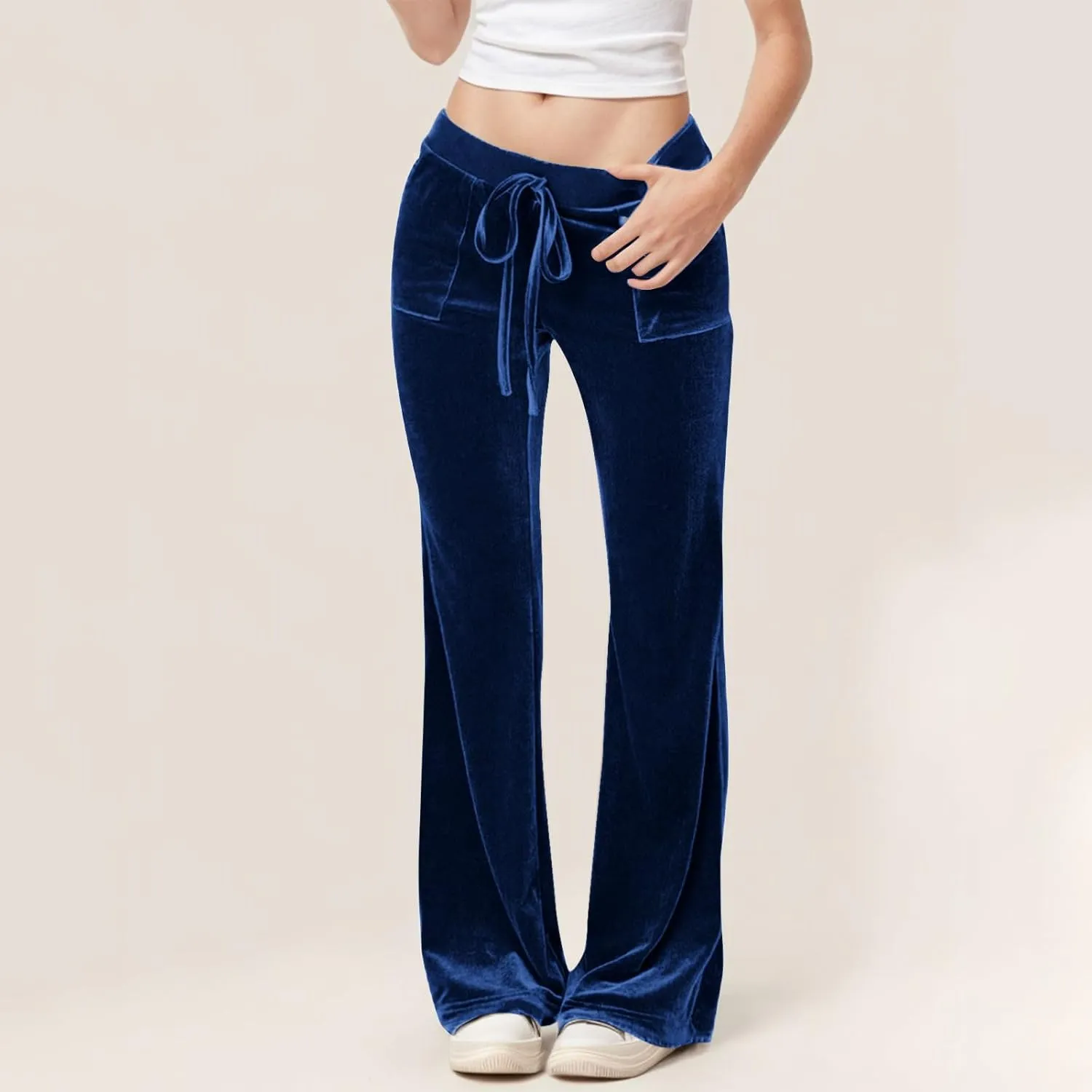 Ruziyoog Velvet Pants for Women Drawstring High Waist Wide Leg Casual Lounge Pant Loose Flowy Trousers with Pockets