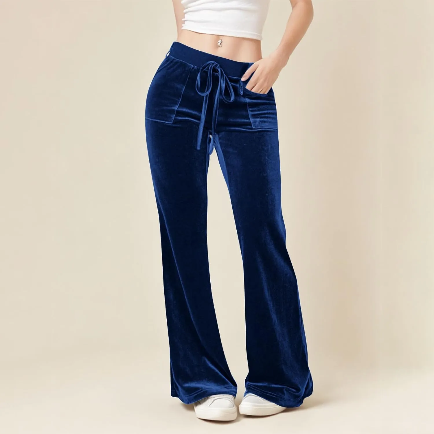 Ruziyoog Velvet Pants for Women Drawstring High Waist Wide Leg Casual Lounge Pant Loose Flowy Trousers with Pockets