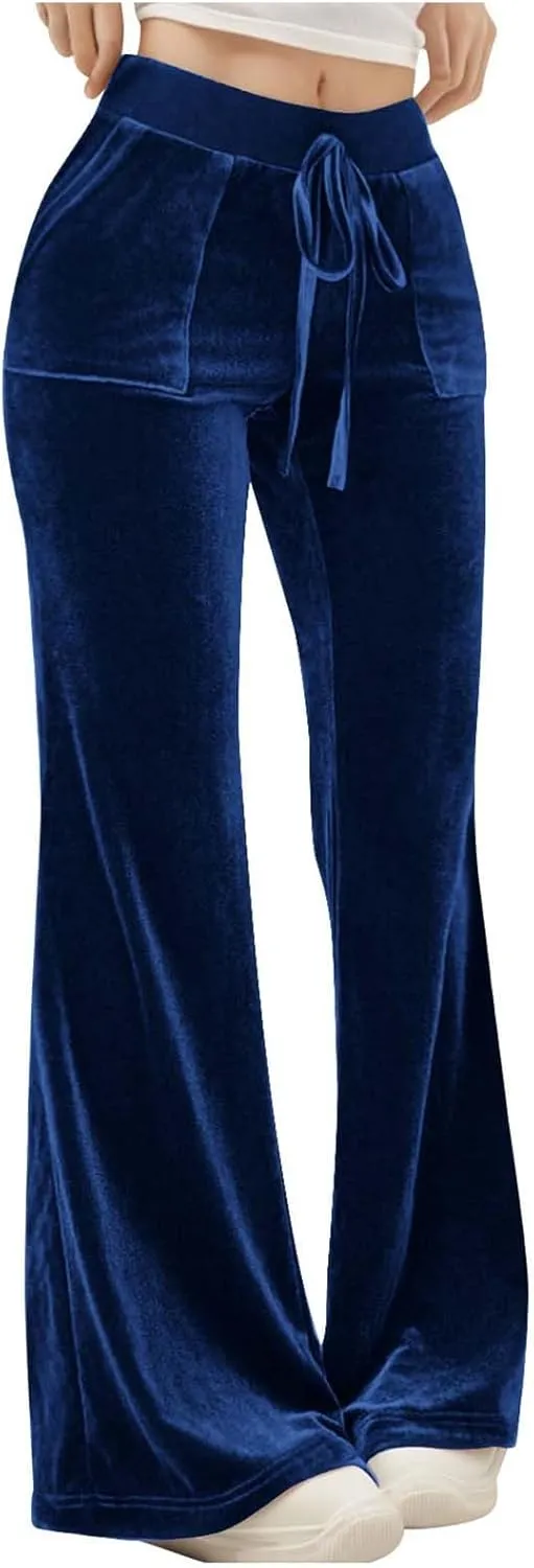 Ruziyoog Velvet Pants for Women Drawstring High Waist Wide Leg Casual Lounge Pant Loose Flowy Trousers with Pockets
