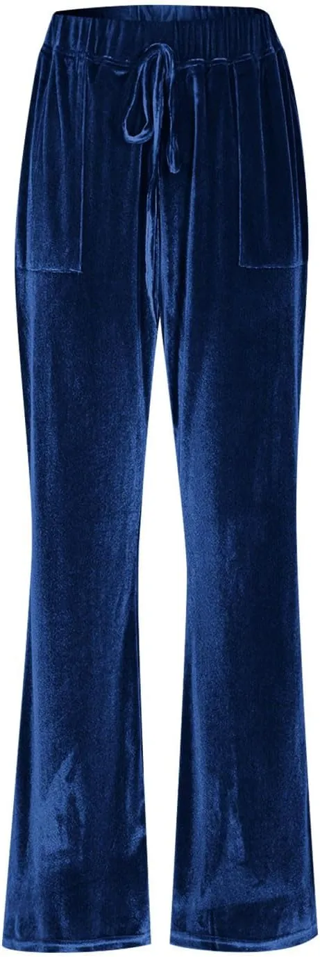 Ruziyoog Velvet Pants for Women Drawstring High Waist Wide Leg Casual Lounge Pant Loose Flowy Trousers with Pockets