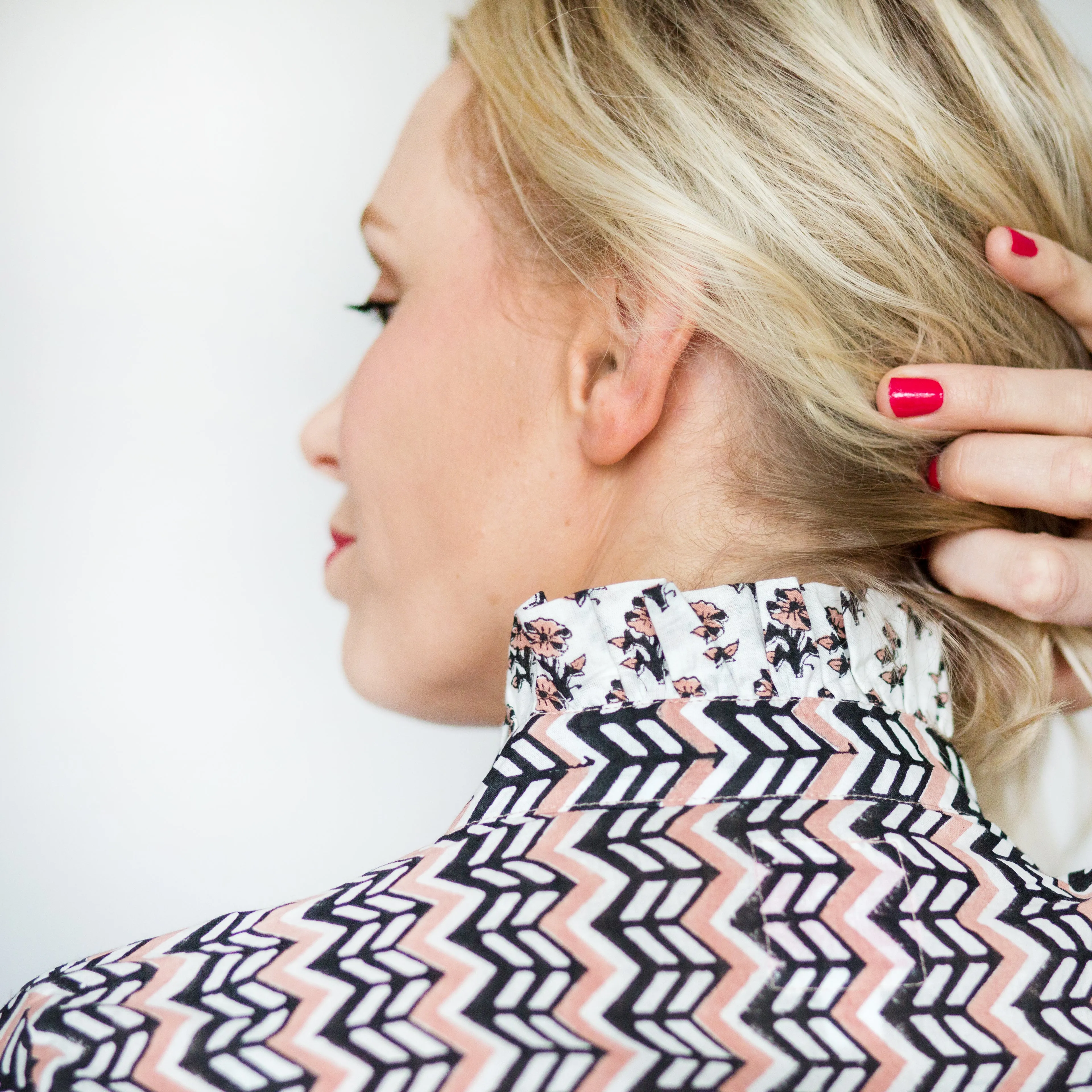 SALE Frill Collar Blouse - Pale Pink & Black Zig Zig Print