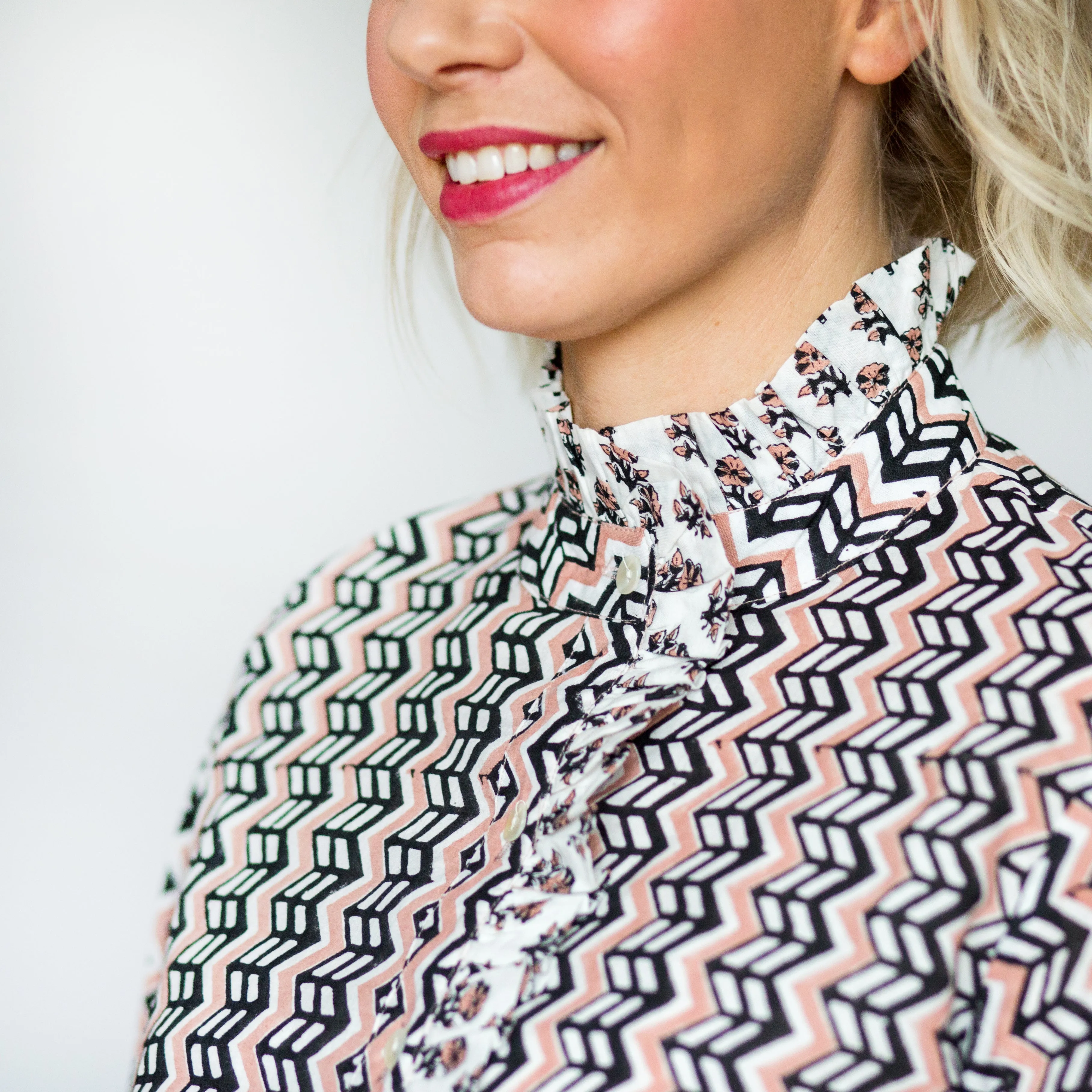 SALE Frill Collar Blouse - Pale Pink & Black Zig Zig Print