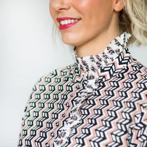 SALE Frill Collar Blouse - Pale Pink & Black Zig Zig Print