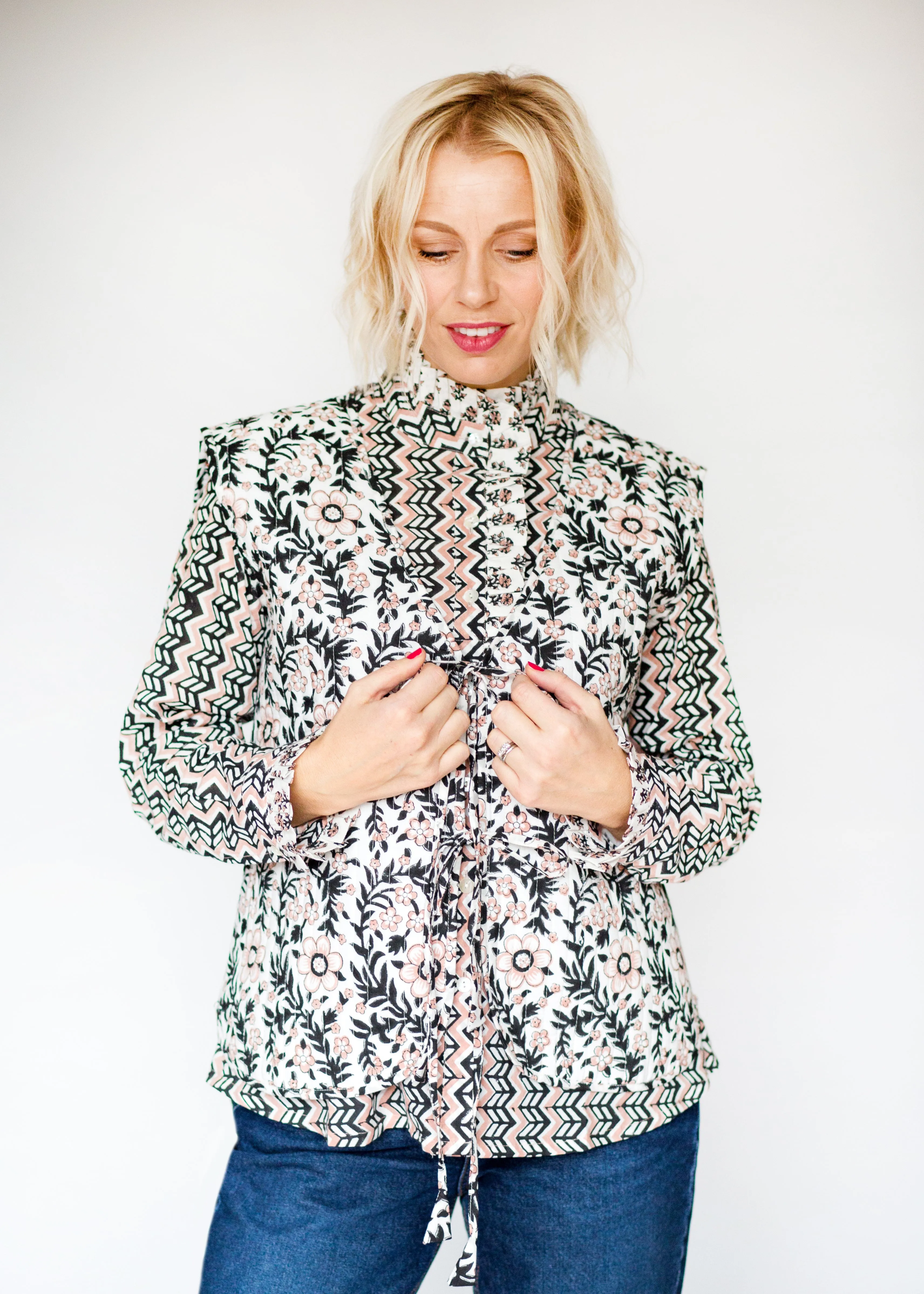 SALE Frill Collar Blouse - Pale Pink & Black Zig Zig Print