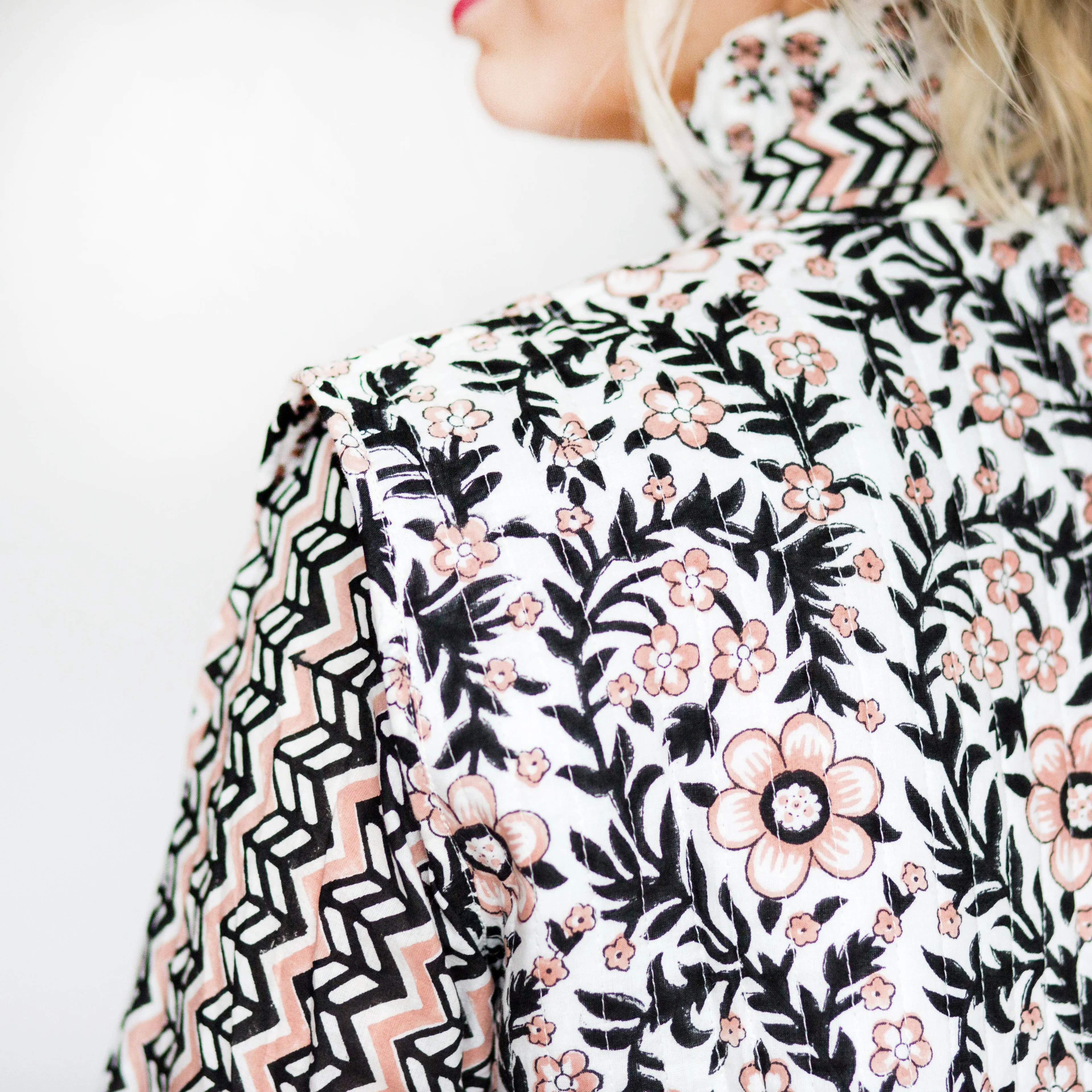 SALE Frill Collar Blouse - Pale Pink & Black Zig Zig Print