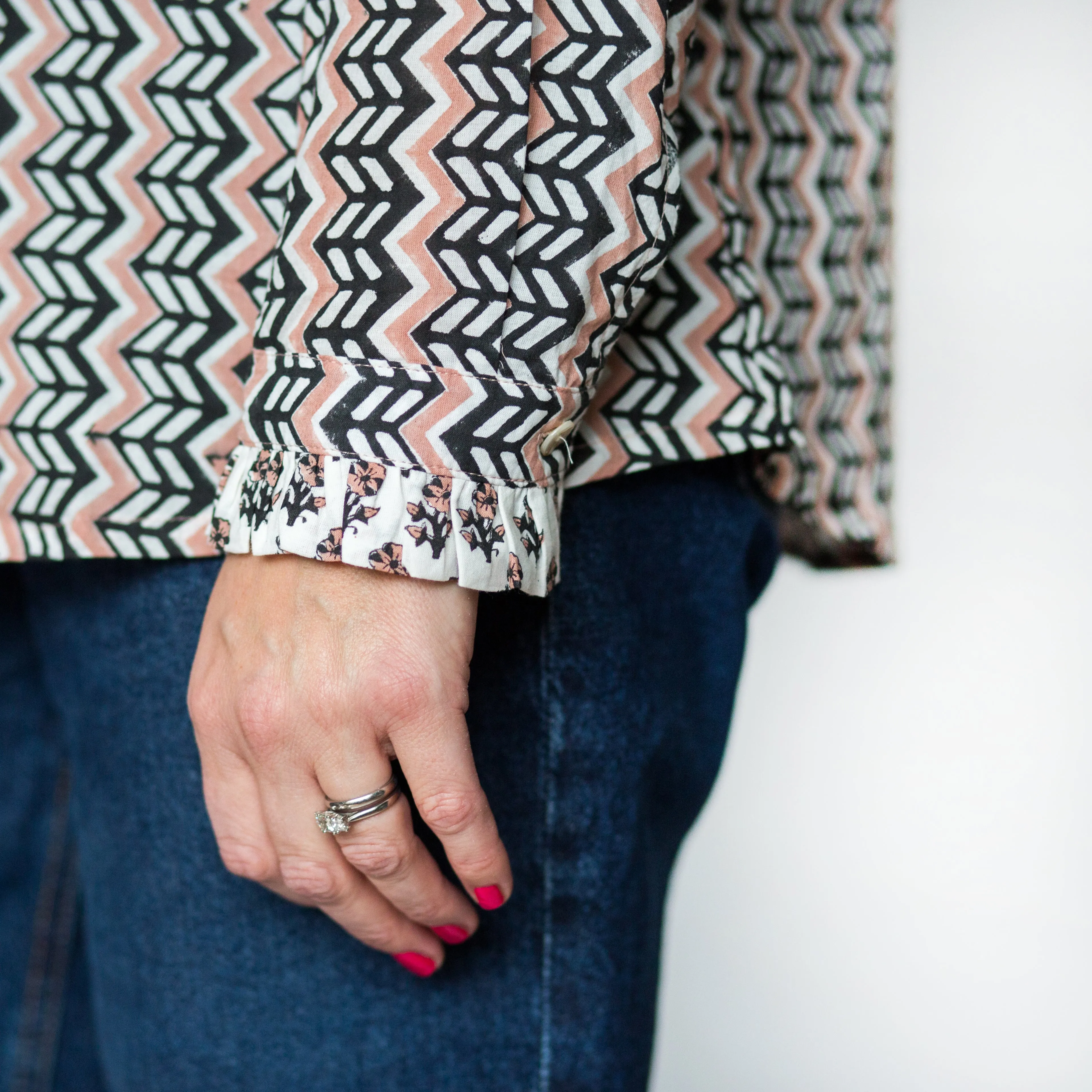 SALE Frill Collar Blouse - Pale Pink & Black Zig Zig Print