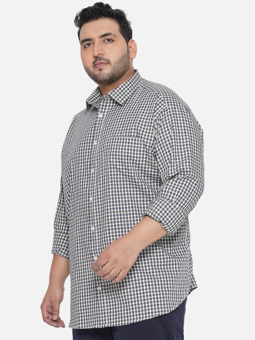 Santonio - Plus Size Men's Regular Fit Egyptian Cotton Green & Blue Full Sleeve Checks Formal Shirt