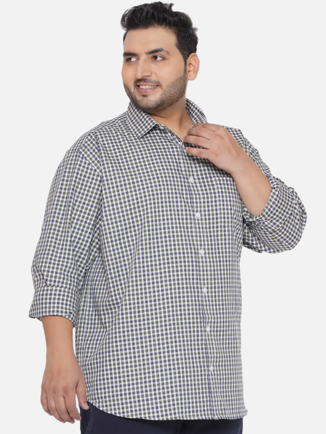 Santonio - Plus Size Men's Regular Fit Egyptian Cotton Green & Blue Full Sleeve Checks Formal Shirt
