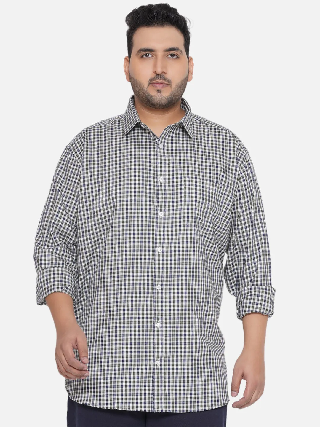 Santonio - Plus Size Men's Regular Fit Egyptian Cotton Green & Blue Full Sleeve Checks Formal Shirt