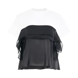 Satin Mix Cotton Jersery T-Shirt in White/Black