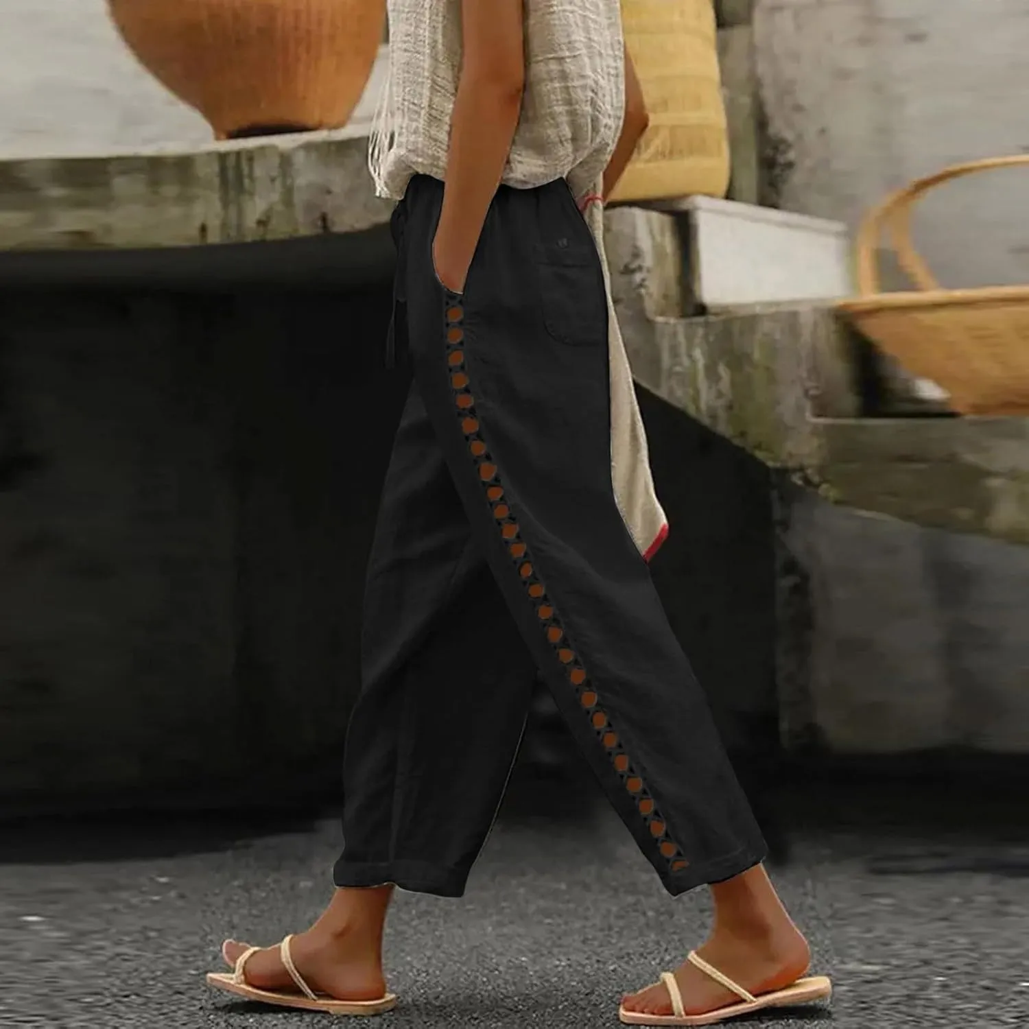 sdbrld Womens Capri Pants Linen Cropped Cotton Trousers Summer Wide Leg Hollowed High Waisted Palazzo Pants with Pockets