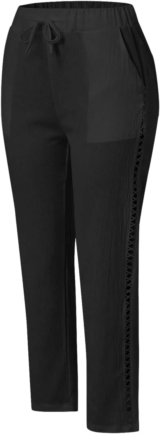 sdbrld Womens Capri Pants Linen Cropped Cotton Trousers Summer Wide Leg Hollowed High Waisted Palazzo Pants with Pockets