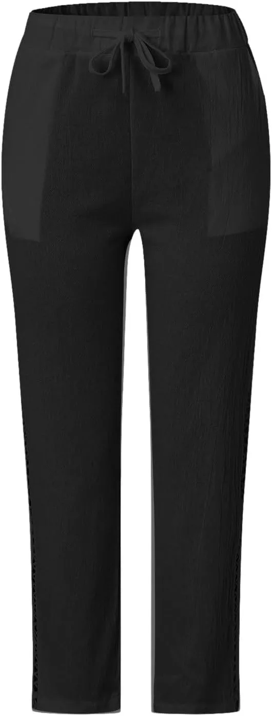 sdbrld Womens Capri Pants Linen Cropped Cotton Trousers Summer Wide Leg Hollowed High Waisted Palazzo Pants with Pockets