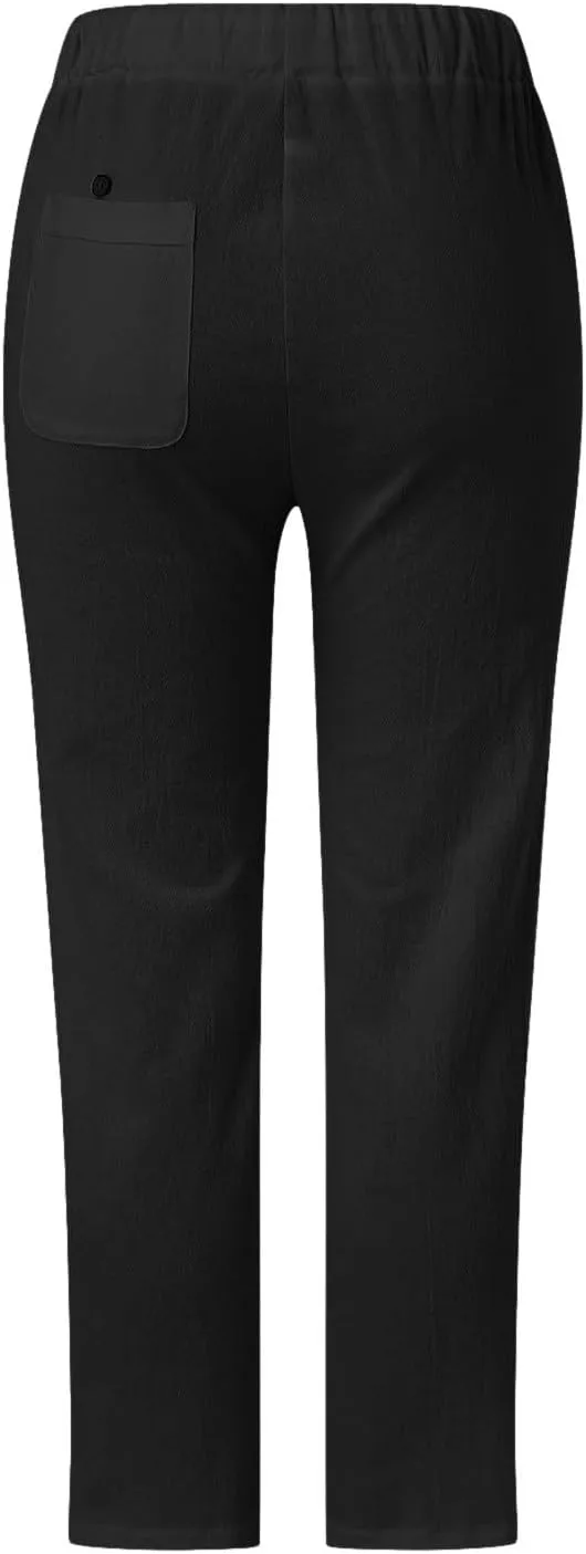 sdbrld Womens Capri Pants Linen Cropped Cotton Trousers Summer Wide Leg Hollowed High Waisted Palazzo Pants with Pockets