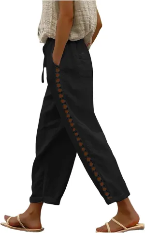 sdbrld Womens Capri Pants Linen Cropped Cotton Trousers Summer Wide Leg Hollowed High Waisted Palazzo Pants with Pockets