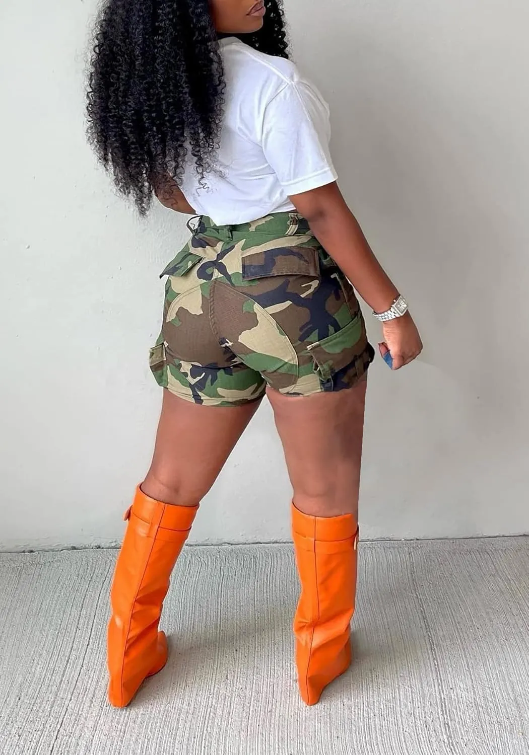 Seltaon Women's Camo Cargo Shorts High Waisted Camouflage Print Denim Short Clubwear